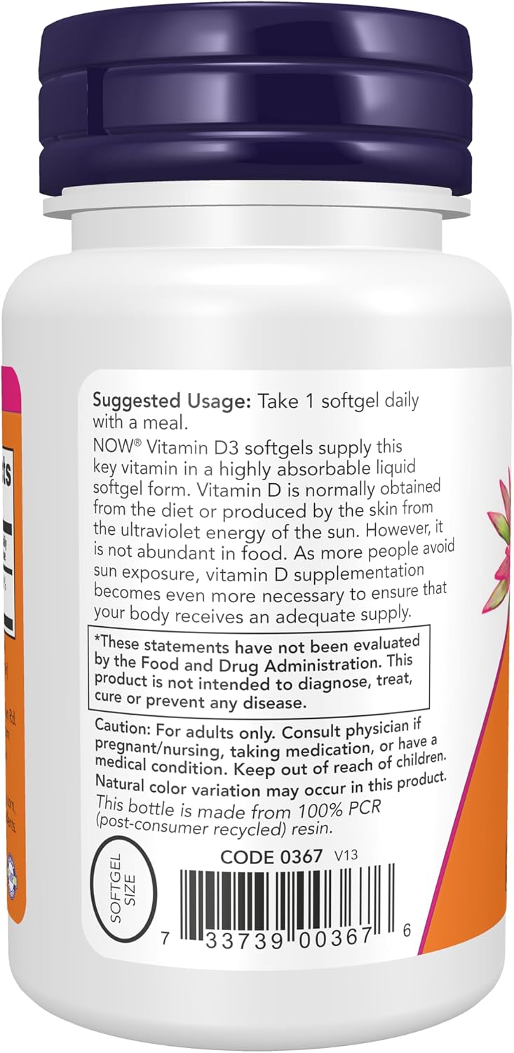 NOW Foods Vitamina D-3 2000 UI, Alta Potencia, 120 Cápsulas Blandas