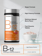 Horbaach Vitamina B12 1000 mcg Sublingual - 400 Comprimidos de Rápida Disolución - Metilcobalamina, Sabor a Bayas, Vegano, Sin Gluten
