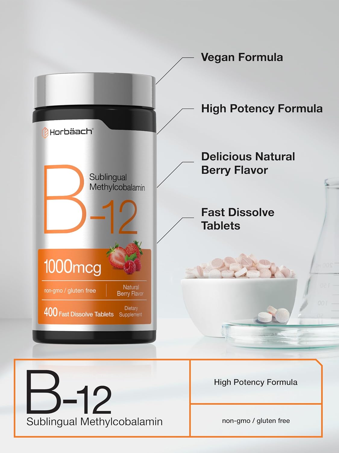 Horbaach Vitamina B12 1000 mcg Sublingual - 400 Comprimidos de Rápida Disolución - Metilcobalamina, Sabor a Bayas, Vegano, Sin Gluten