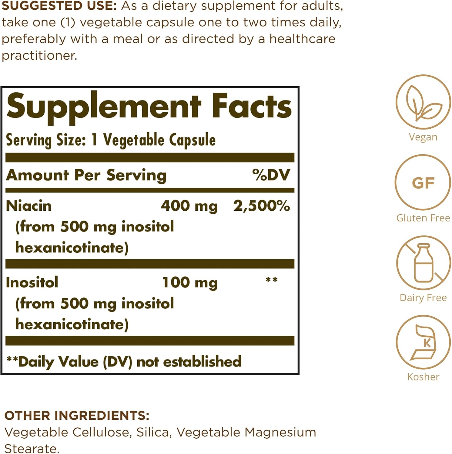 Niacina Sin Rubor 500mg Solgar 100 Cápsulas Vegetales