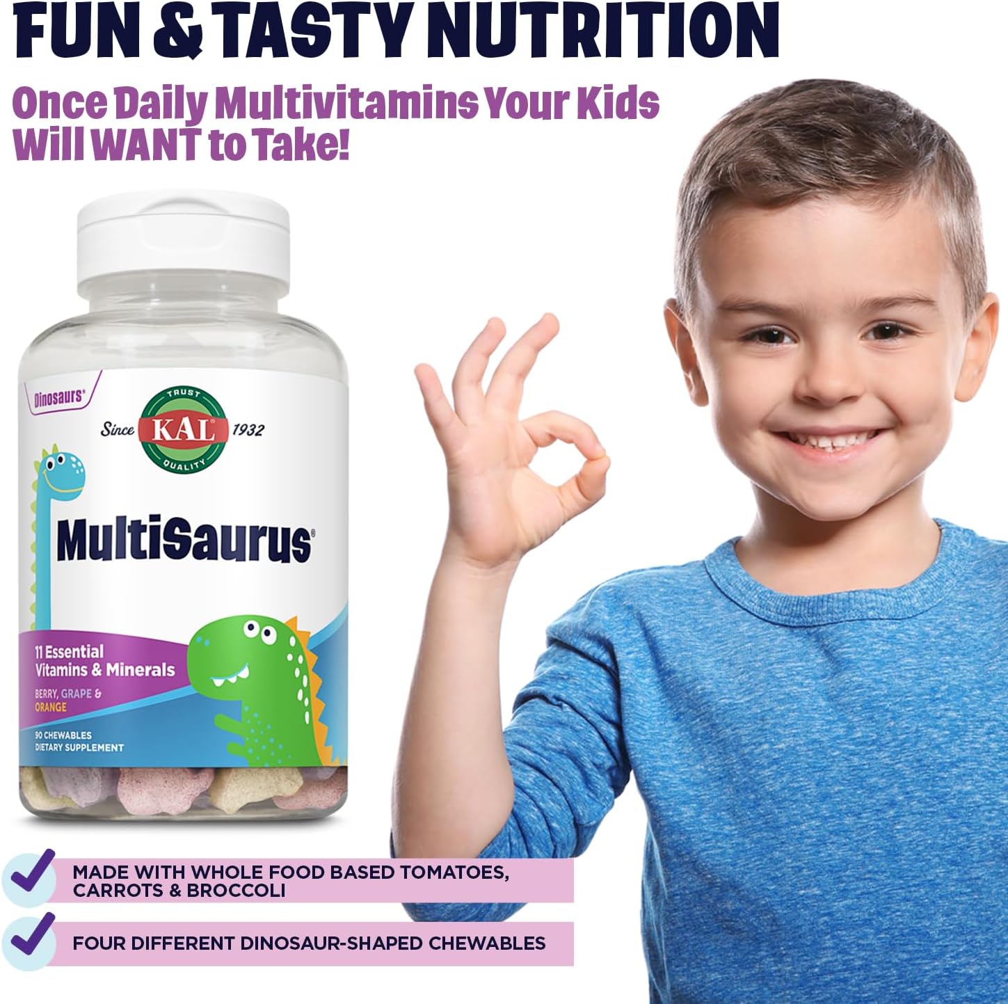 KAL MultiSaurus Multivitamínico Infantil Masticable - 90 Comprimidos con 22 Vitaminas y Minerales