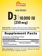 Sundance Vitamin D3 10,000 IU (250 mcg) | 100 Softgels | High Potency Formula | Non-GMO and Gluten Free Supplement