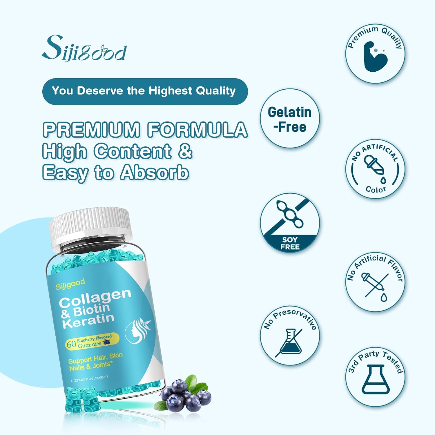 Gominolas de Biotina con Colágeno y Queratina - Sabor Arándano - 120 Gominolas (Pack de 2)