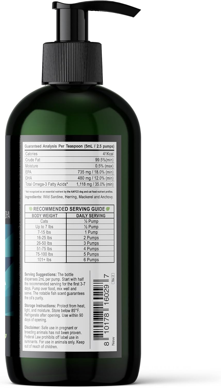 Aceite de Pescado para Perros | Omega 3 Líquido de Captura Salvaje con Dosificador | Apoyo para Piel, Pelaje, Articulaciones, Corazón y Nervios | Alta Potencia EPA y DHA | 473ml