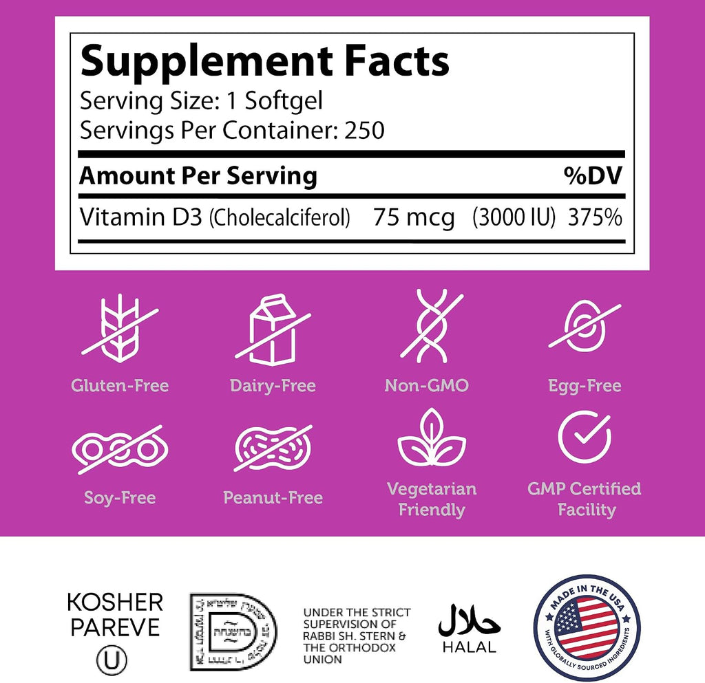 Zahler Vitamina D3 3000 UI - Suplemento de Vitamina D3, 3.000 UI, Certificado Kosher (250 Softgels)