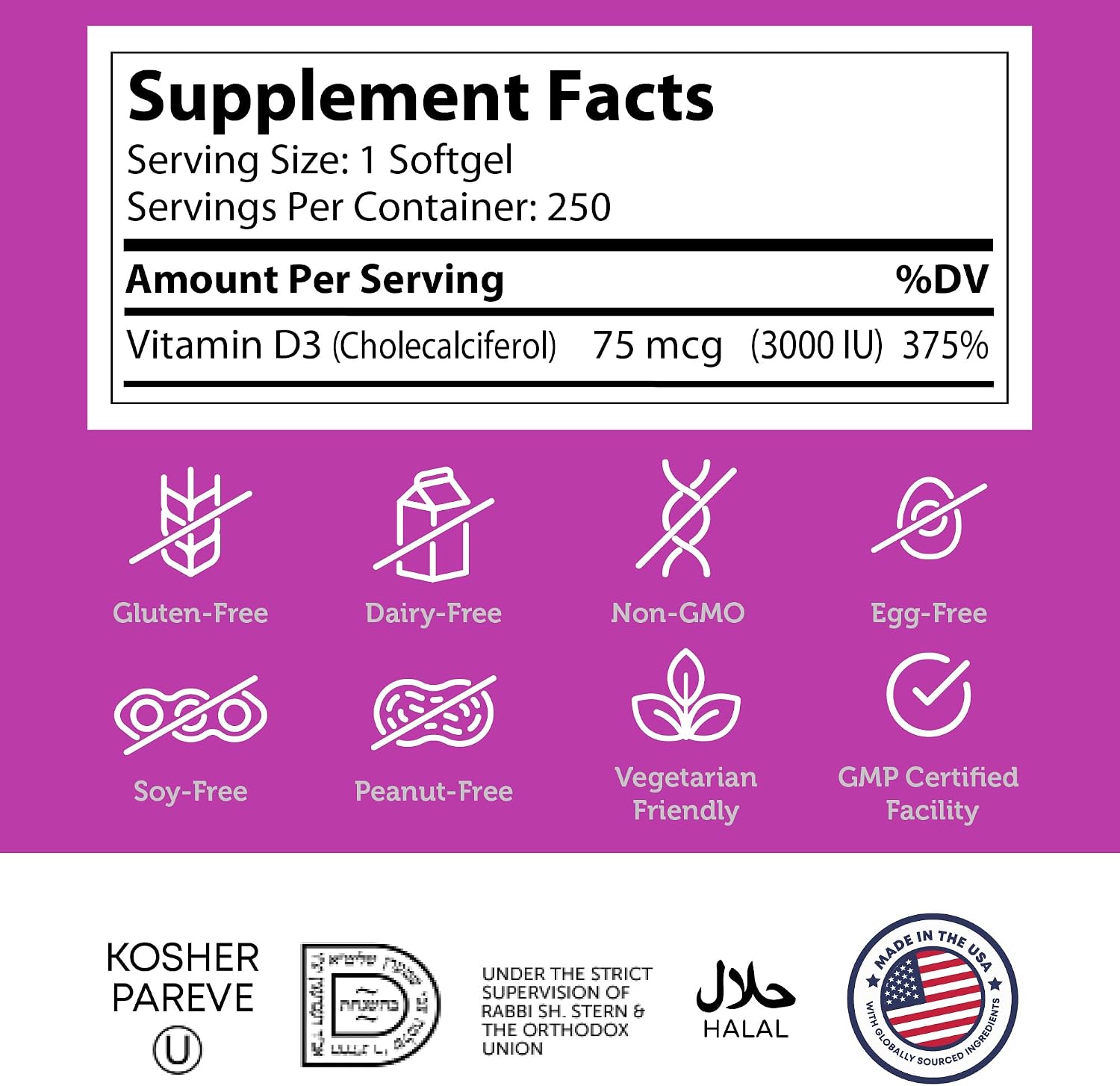 Zahler Vitamina D3 3000 UI - Suplemento de Vitamina D3, 3.000 UI, Certificado Kosher (250 Softgels)