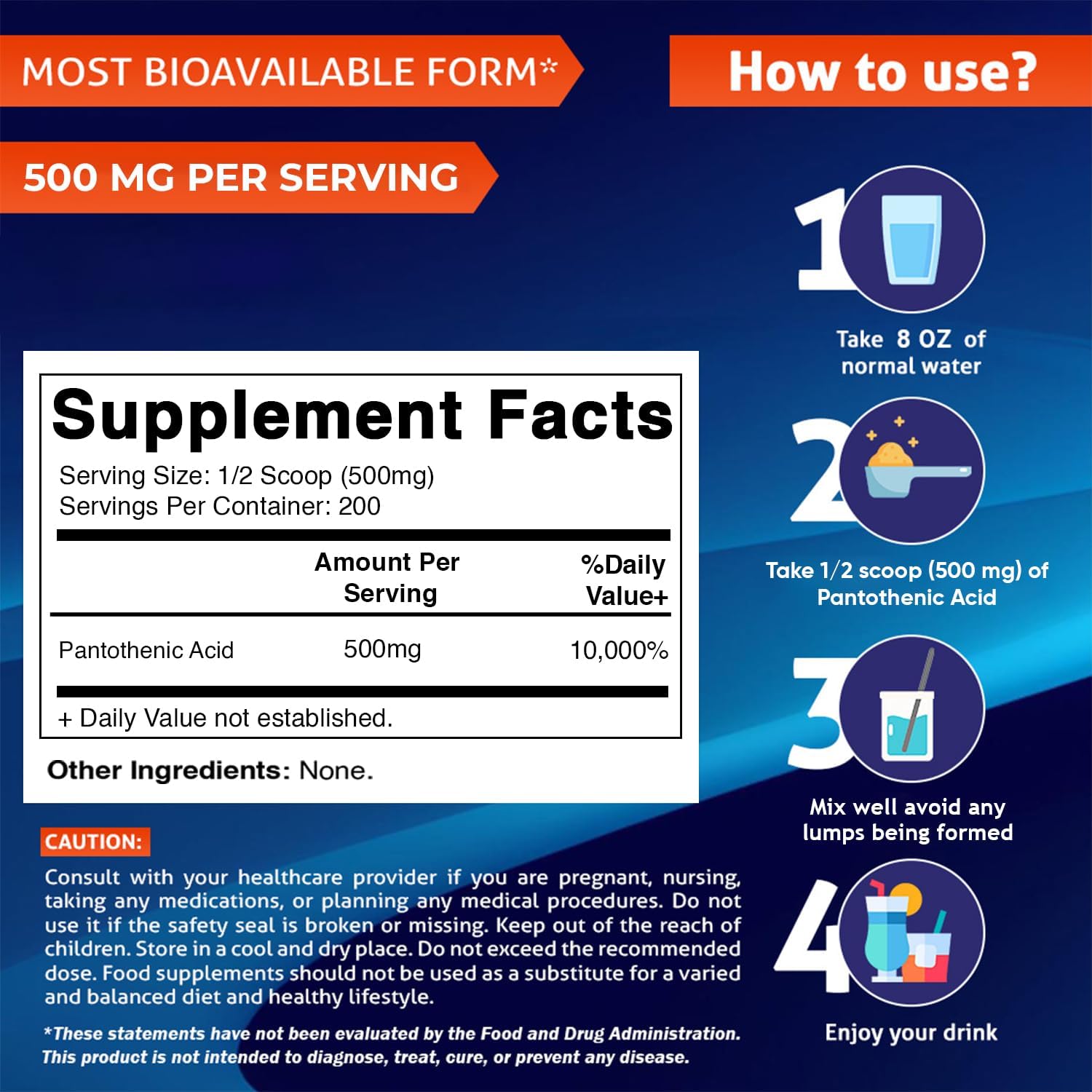 Vitamatic Ácido Pantoténico en Polvo Puro 500 mg por Ración - 100 Gramos - Vitamina B5 - 200 Raciones
