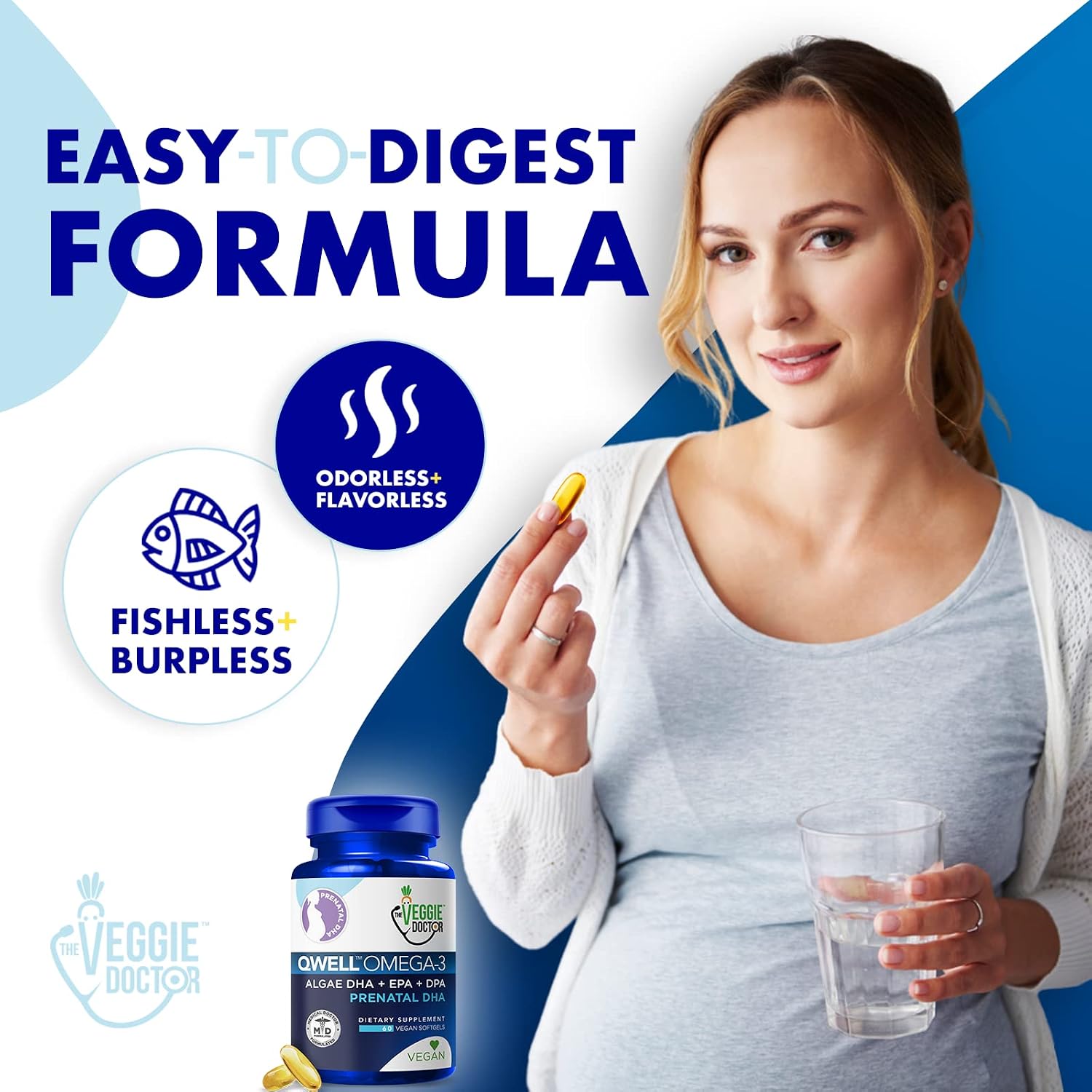 Vitaminas prenatales veganas con DHA y EPA (60 cápsulas) - Suplemento de algas con vitamina E, sin carragenina