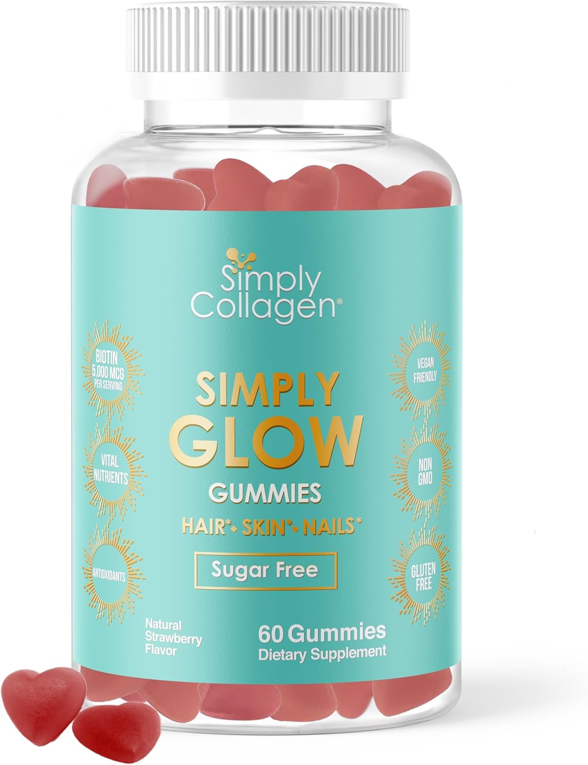 Simply Collagen® Simply Glow Gominolas para Cabello, Piel y Uñas – Vegano, Sin Azúcar, Sin Gluten – Biotina 5000 mcg – 60 unidades