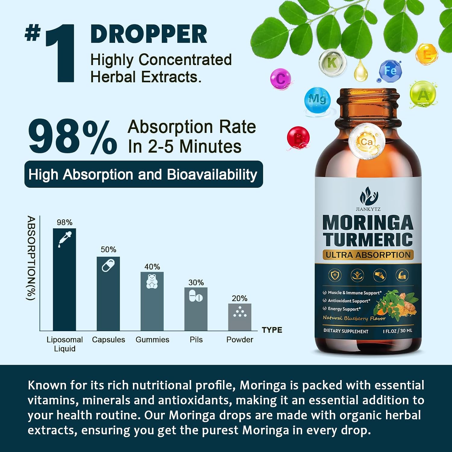 Extracto de Hojas de Moringa Orgánico en Gotas (2 Unidades) - con Cúrcuma, Boswellia y Pimienta Negra, Vegano, Sin Azúcar, 30 ml