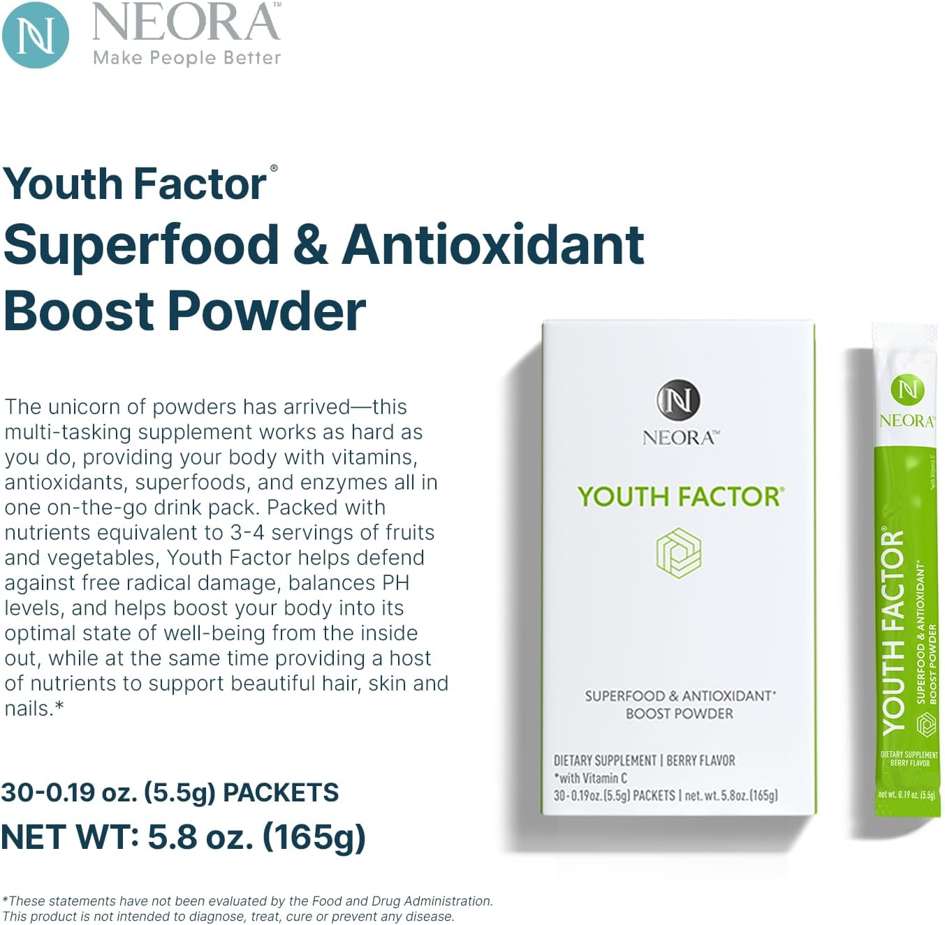 NEORA Youth Factor Superalimento en Polvo - Apoyo para Piel, Cabello y Uñas - 30 Sobres