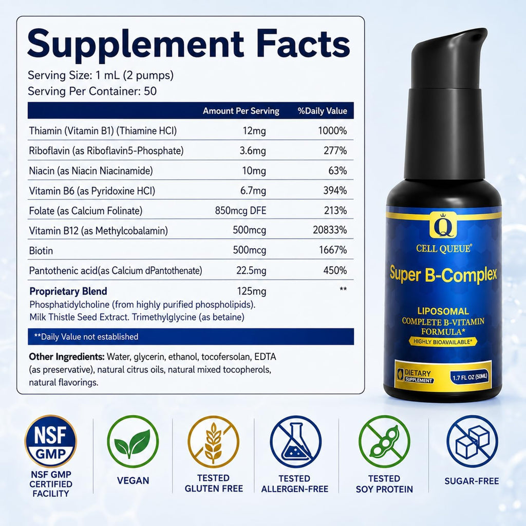 Cellqueue Complejo B Metilado Liposomal - Fórmula Activa de Vitaminas B con Metil B12, Folato, TMG y Cardo Mariano, Apoya la Energía, el Estado de Ánimo, la Cognición, el Sistema Nervioso y la Función Hepática, 50 ml
