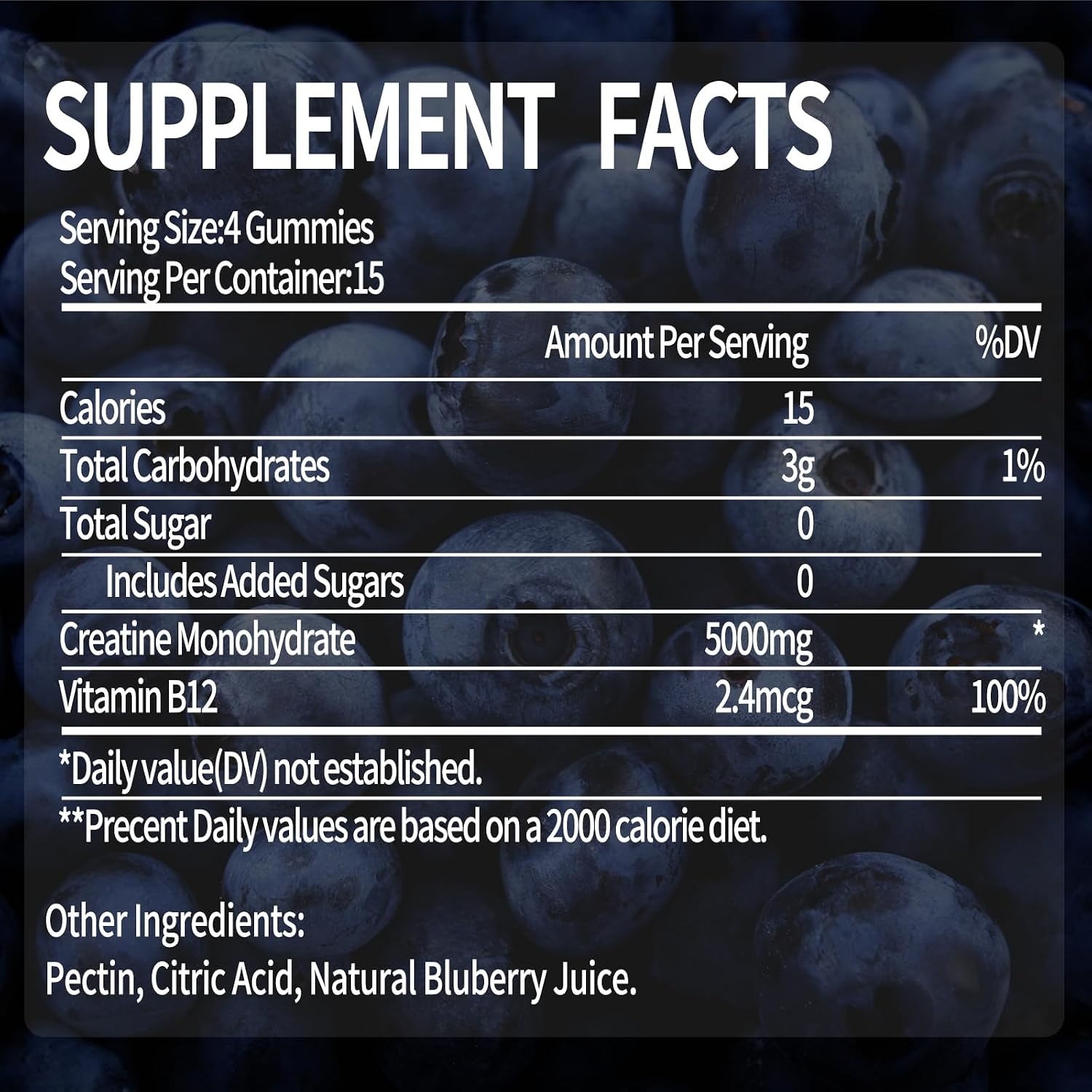 Gominolas de Creatina Monohidrato - 120 unidades (2 envases) - 5000 mg por dosis con Vitamina B12 - Sin Azúcar, Vegano (Arándano)