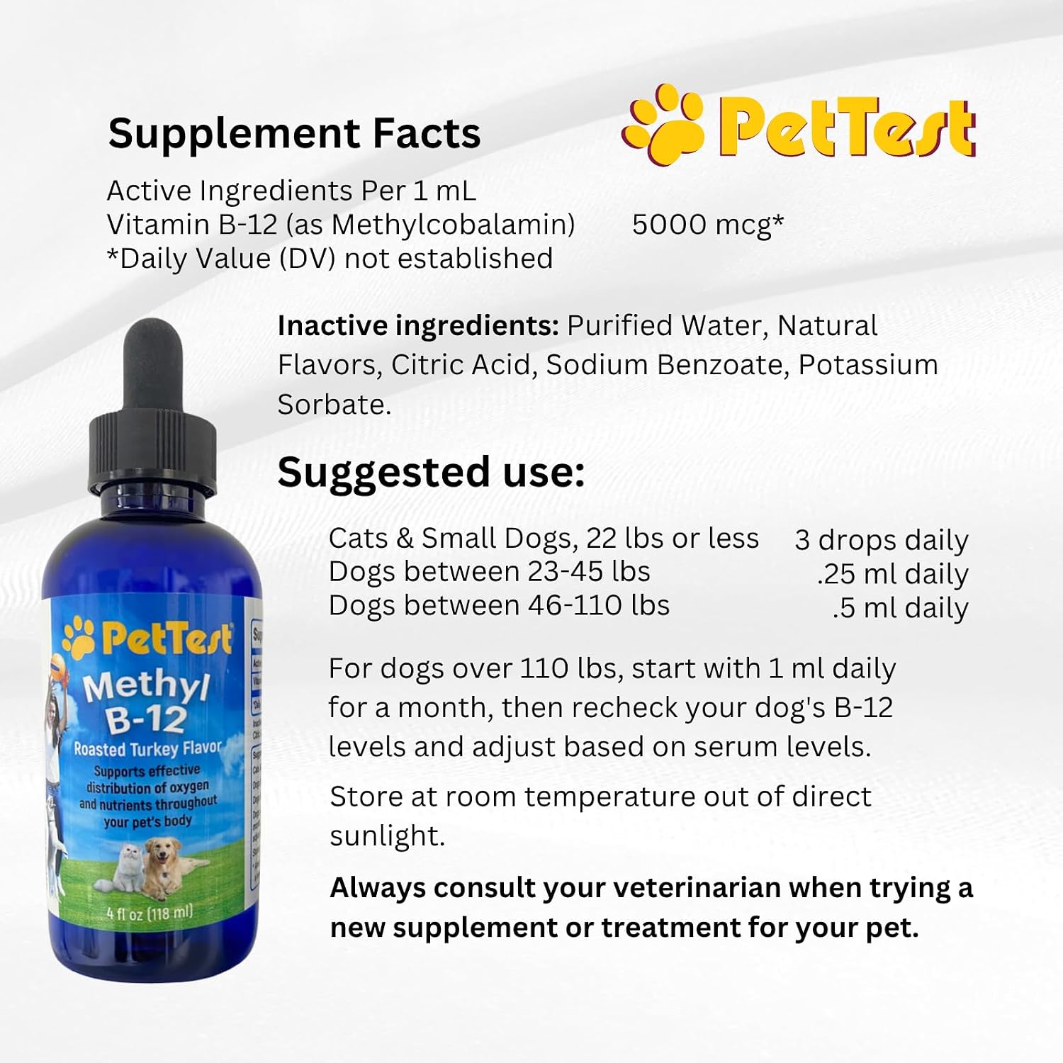 PetTest Methyl B12 Gotas Líquidas para Mascotas - 5000 mcg de Metilcobalamina - 118 ml