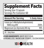 10X Health 5-MTHF Metilfolato con Magnesio - Complemento Alimenticio de Folato Metilado 60 Cápsulas