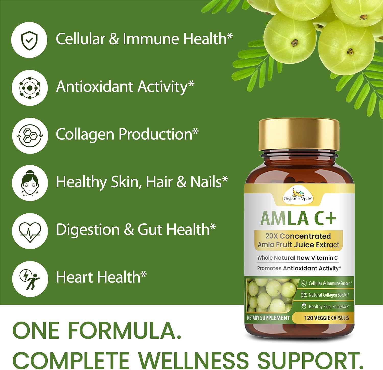 Organic Veda Amla + Cápsulas - Extracto Concentrado de Amla 20X con Vitamina C Natural
