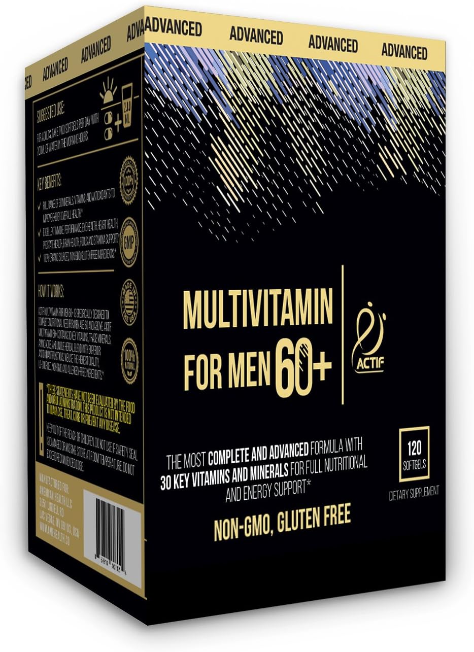 Actif Multivitamínico para Hombres Mayores de 60 Años con 30 Vitaminas y Hierbas Orgánicas, No Transgénico, 120 Comprimidos
