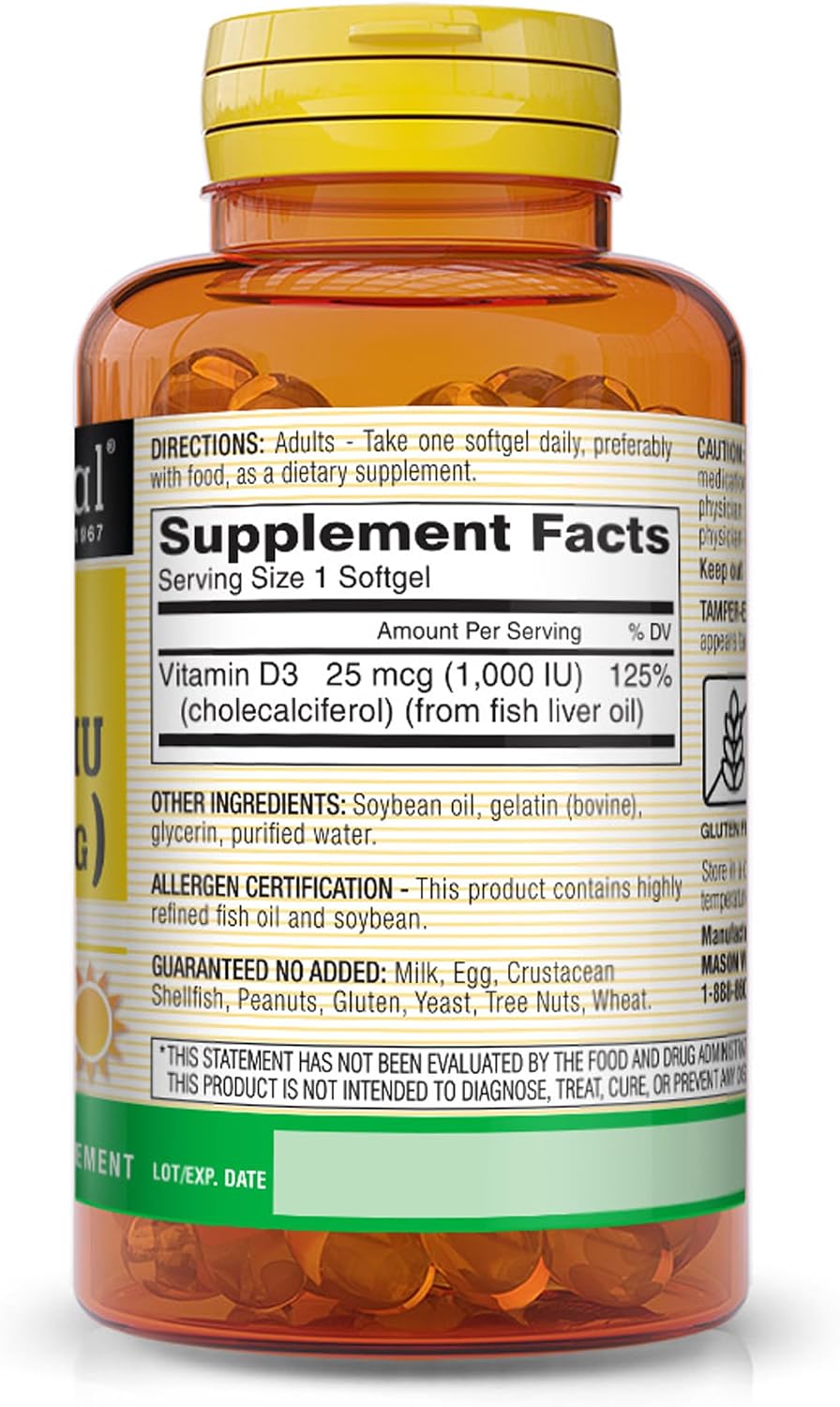 MASON NATURAL Vitamina D3 1000 UI (25 mcg) - 300 Cápsulas Blandas