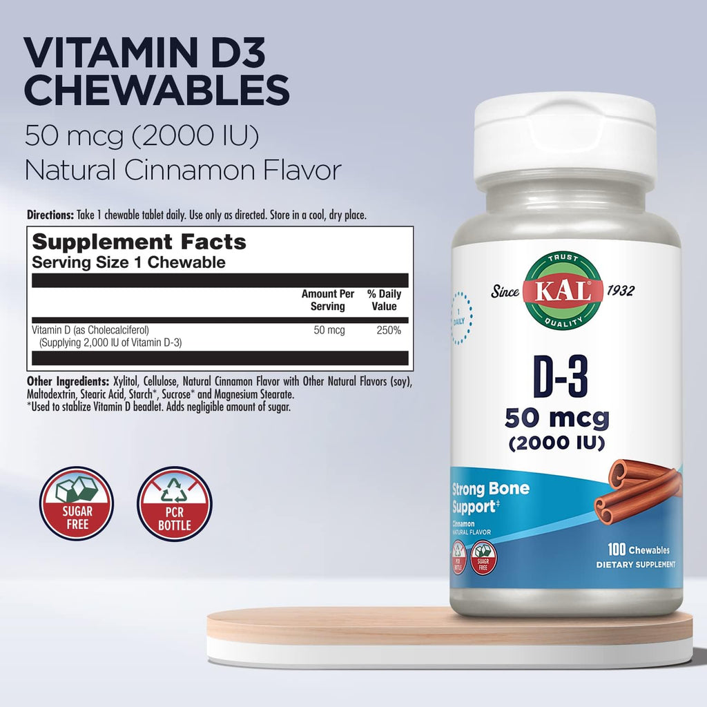 KAL Vitamina D3 Masticable 2000 UI (50 mcg) - Sabor Canela Natural - Sin Azúcar - 100 Comprimidos