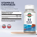 KAL Vitamina D3 Masticable 2000 UI (50 mcg) - Sabor Canela Natural - Sin Azúcar - 100 Comprimidos