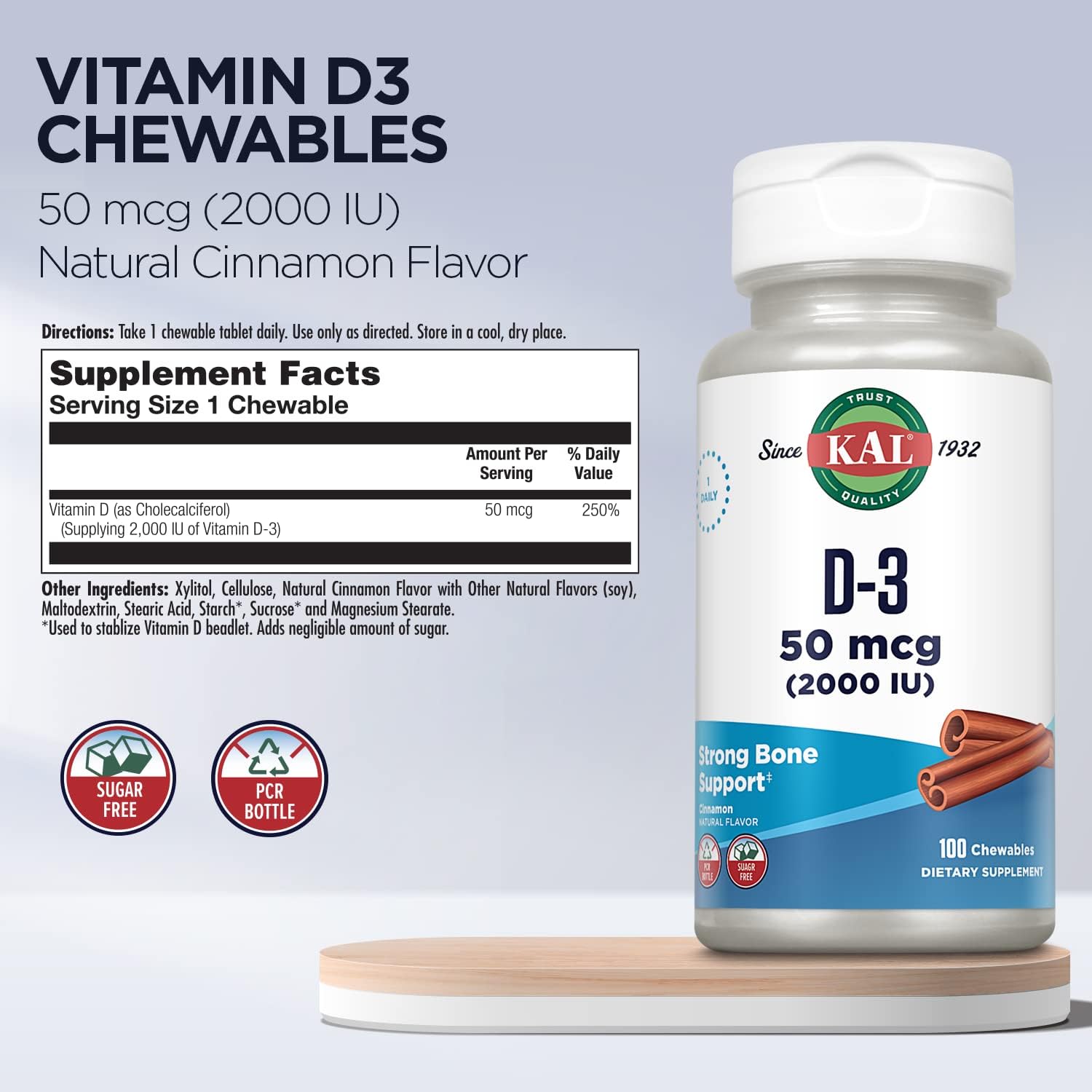 KAL Vitamina D3 Masticable 2000 UI (50 mcg) - Sabor Canela Natural - Sin Azúcar - 100 Comprimidos