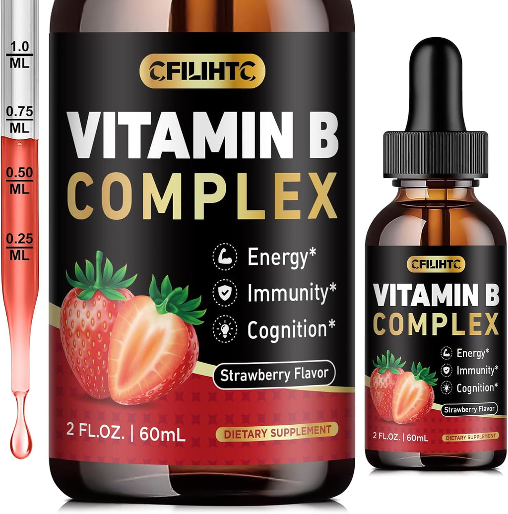 CFILIHTC Complejo B en Gotas Líquidas, Suplemento de Vitaminas B con B1, B2, B3, B5, B6, B7, B9 y Metil B12, Vegano, Sabor Cereza