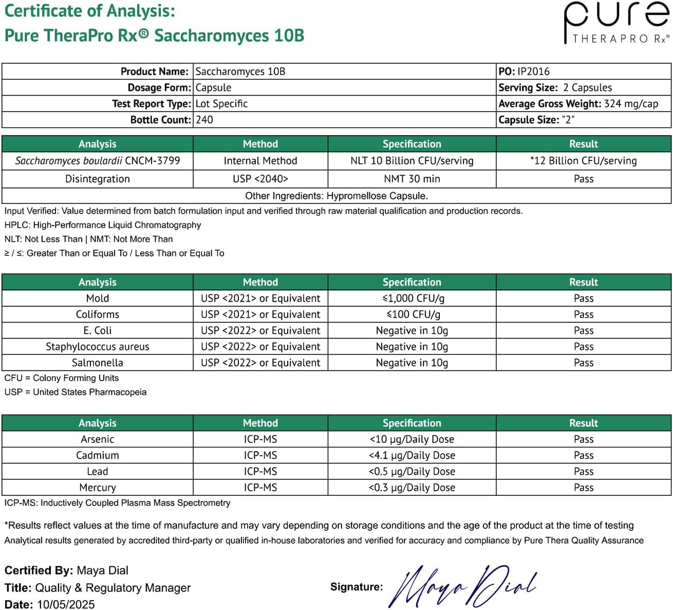Pure Therapro Rx Saccharomyces Boulardii Probióticos 10B UFC 240 Cápsulas