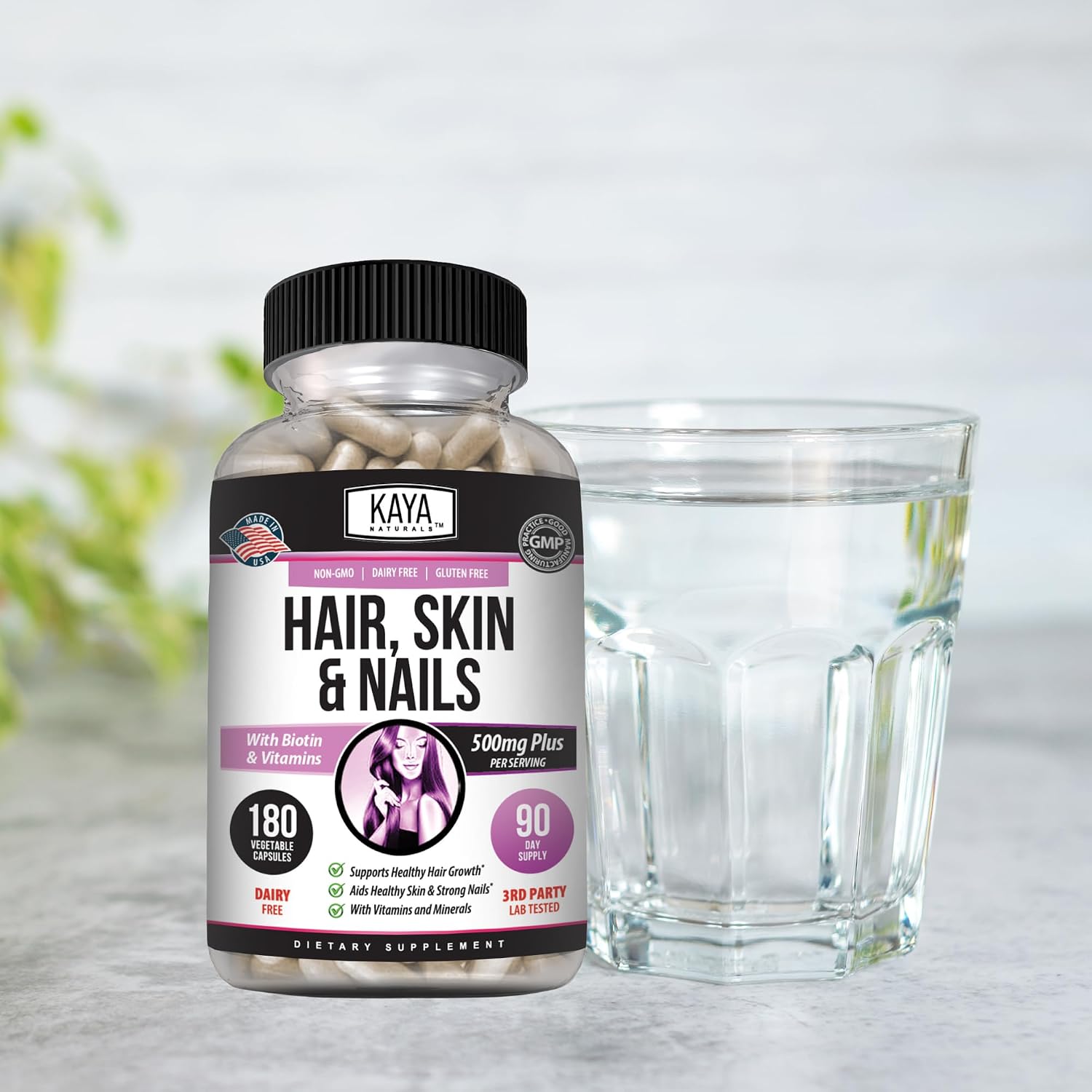 Kaya Naturals Cápsulas para Cabello, Piel y Uñas con Biotina y Vitaminas - 180 Cápsulas