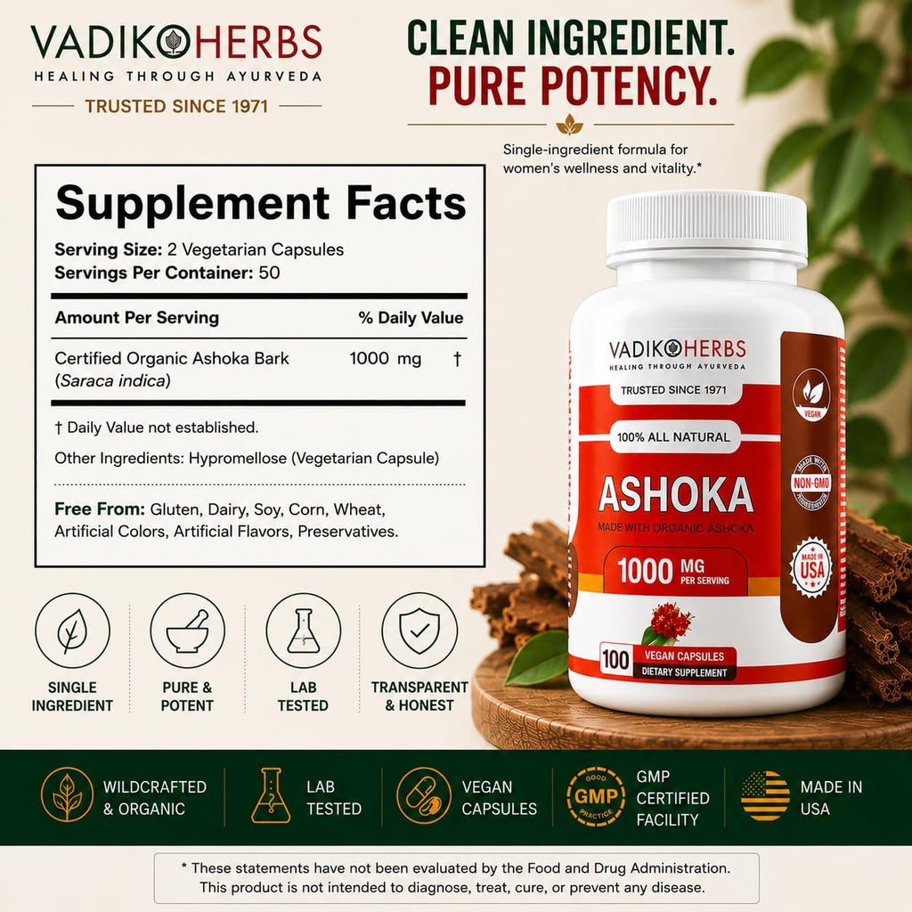 Vadik Herbs Cápsulas de corteza de Ashoka orgánica - 1000mg