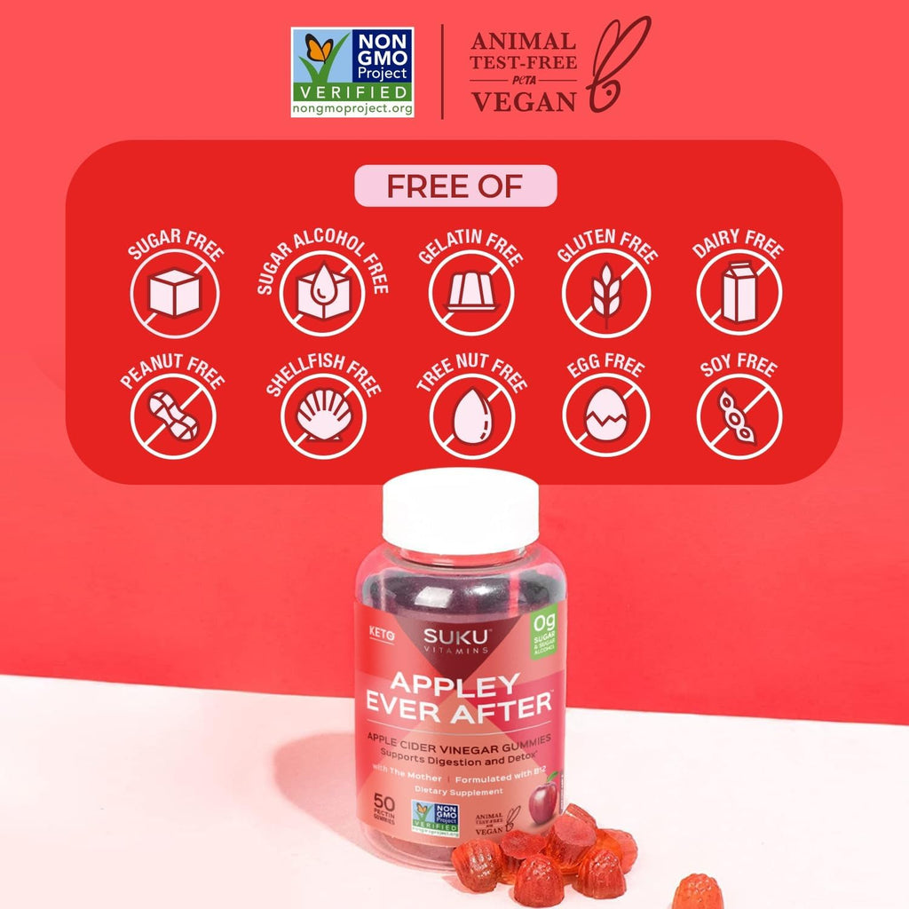SUKU Appley Ever After Gummies – Vinagre de Manzana con B12 y Folato Metilados – Sin Azúcar, Vegano – 50 Gominolas