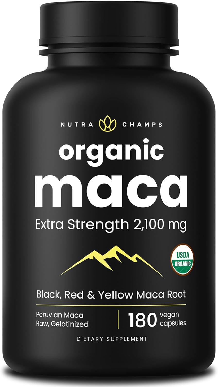 NutraChamps Maca Root Orgánica 2100mg, 180 Cápsulas, Mezcla de Maca Negra, Roja y Amarilla