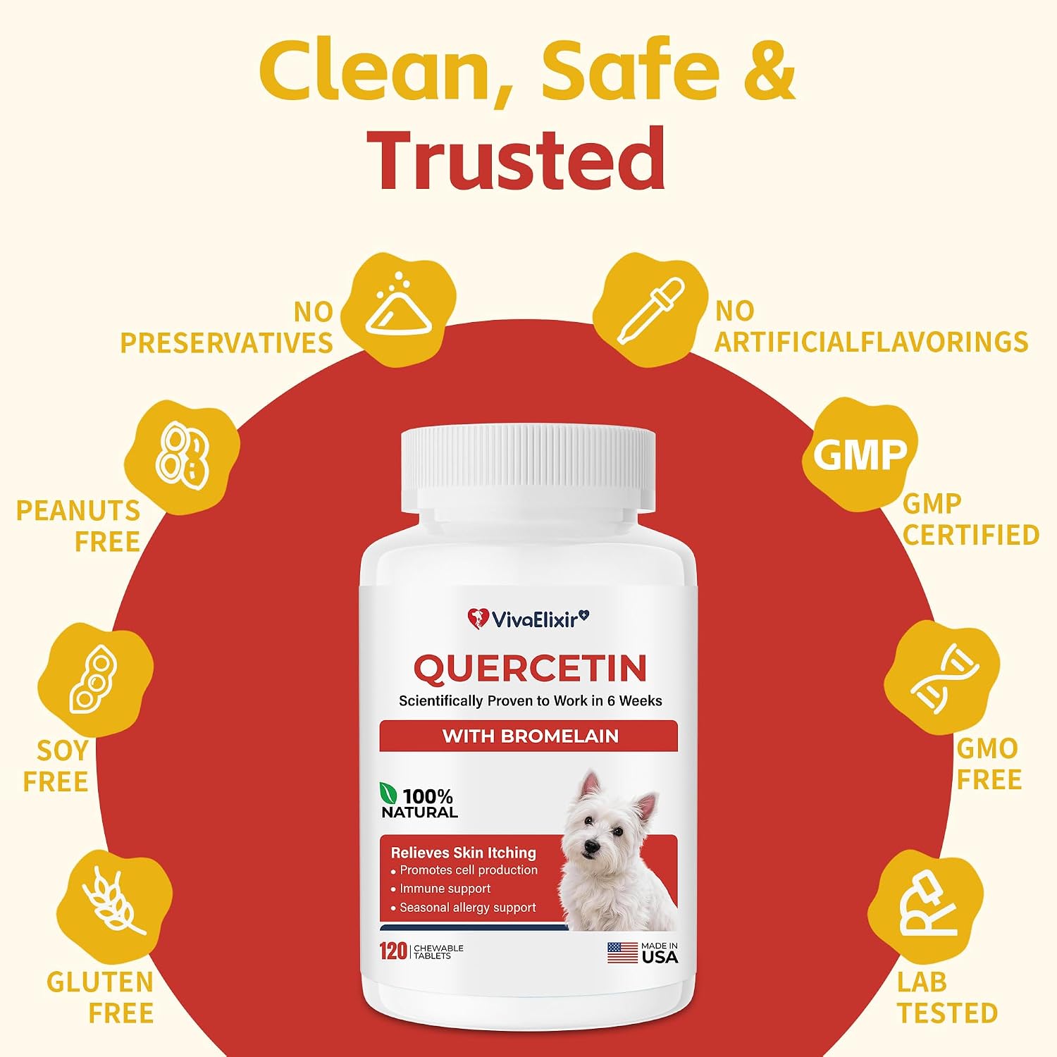 Tabletas de Quercetina y Bromelina para Perros — para Alergias Cutáneas, Dermatitis Atópica, Infecciones de Oído e Inflamación Articular — Apoyo Inmunológico y Antiinflamatorio — Formulado por Veterinarios