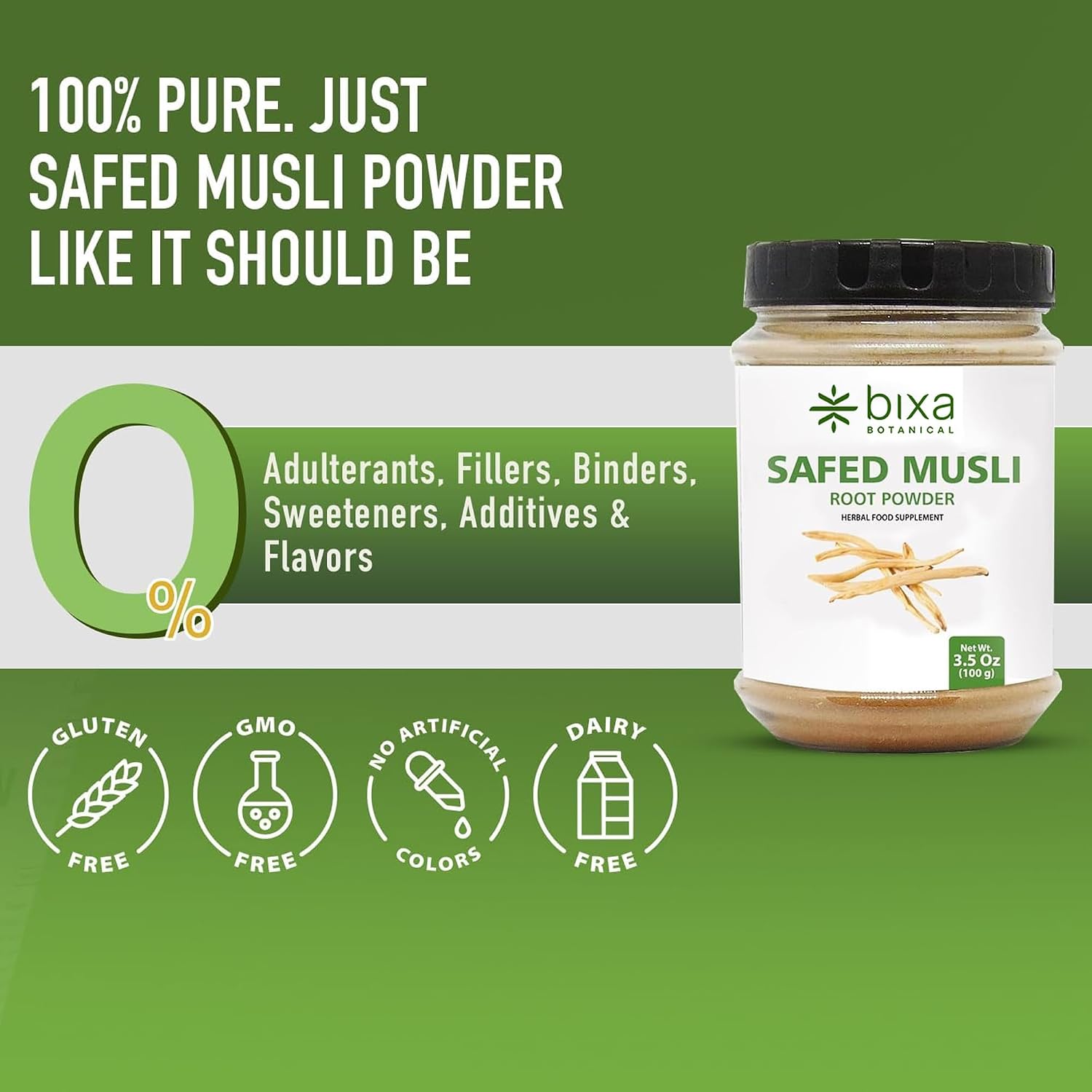 bixa BOTANICAL Safed Musli Root Powder - Suplemento Herbal Ayurvédico Natural, Sin Gluten, Vegano (100g)
