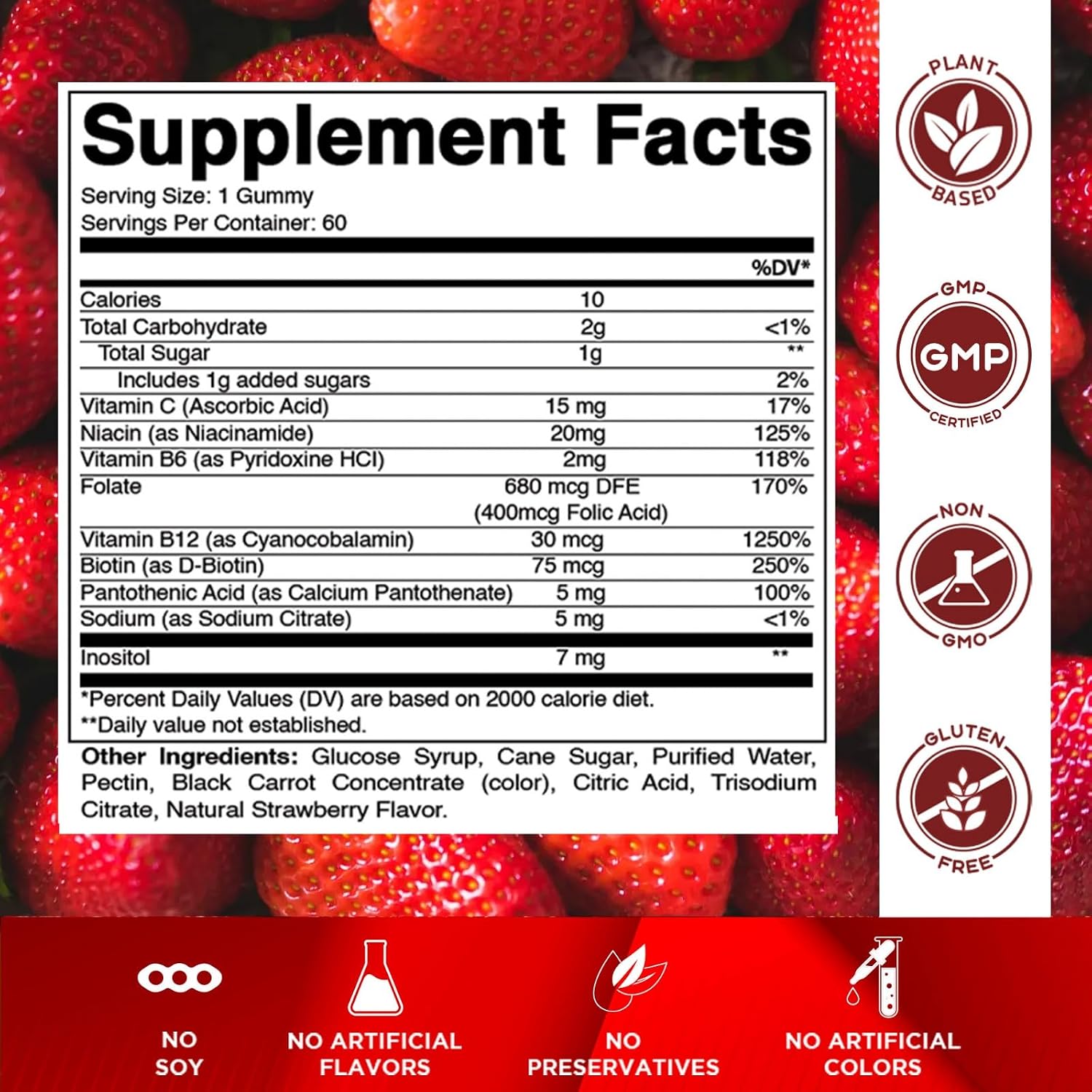 Vitamatic Complejo B en Gominolas con Vitamina C e Inositol - Sabor Natural Fresa - 60 Gominolas