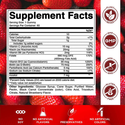 Vitamatic Complejo B Gummies con Vitamina C e Inositol - Sabor Fresa Natural - 60 Gominolas (2 Frascos) – Image 2