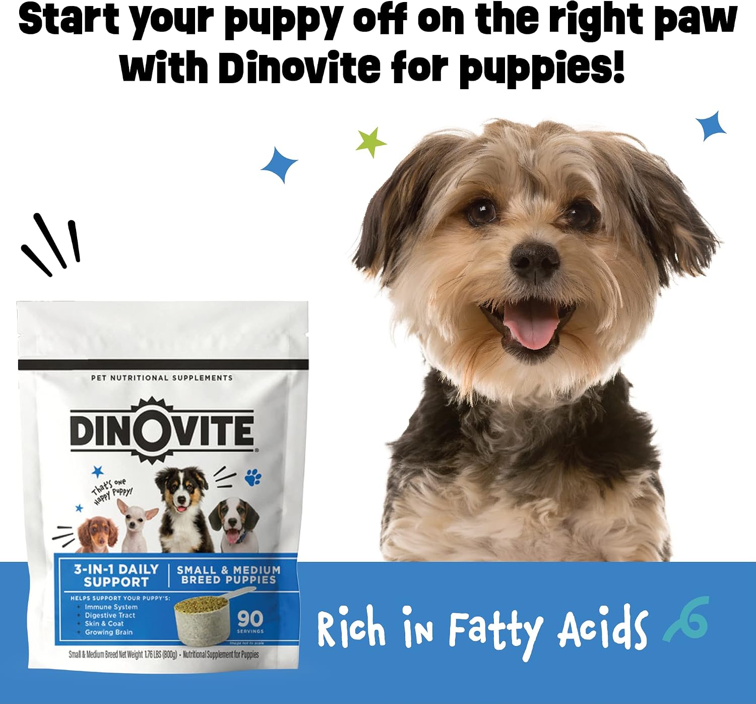 Dinovite Probiótico para Cachorros - Complemento Alimenticio Digestivo y para la Piel con Omega-3, 90 porciones