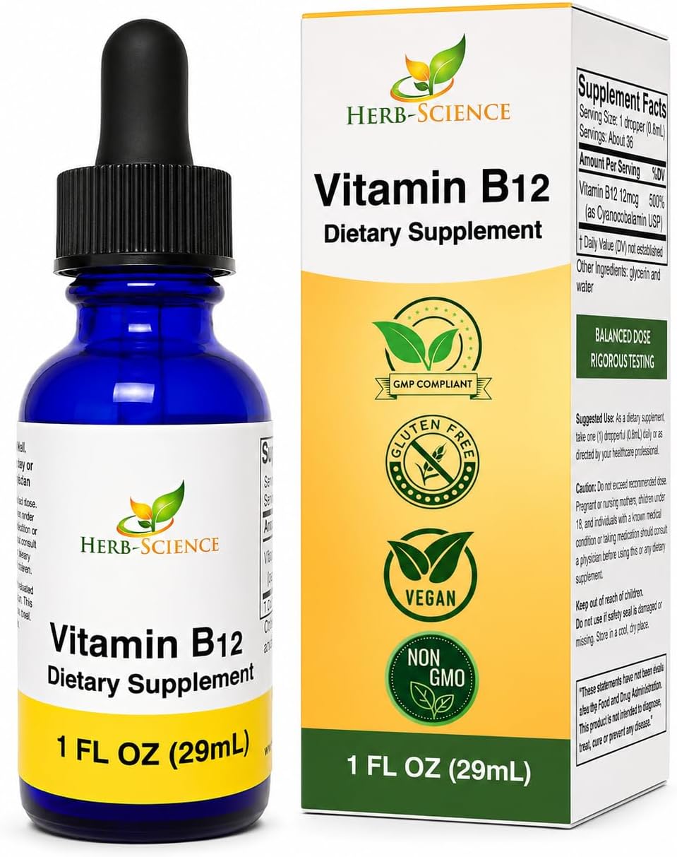 Herb-Science Vitamina B12 Líquida – Gotas Sublinguales de Cianocobalamina, Vegano, Sin Alcohol, 30 ml