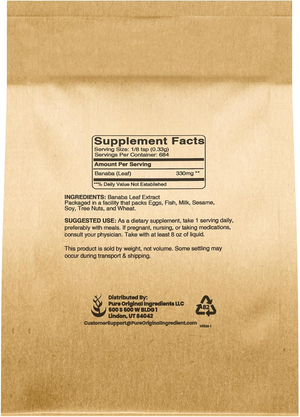 PURE ORIGINAL INGREDIENTS Banaba Leaf Powder (8 oz) - Siempre Puro, Sin Rellenos, No OGM