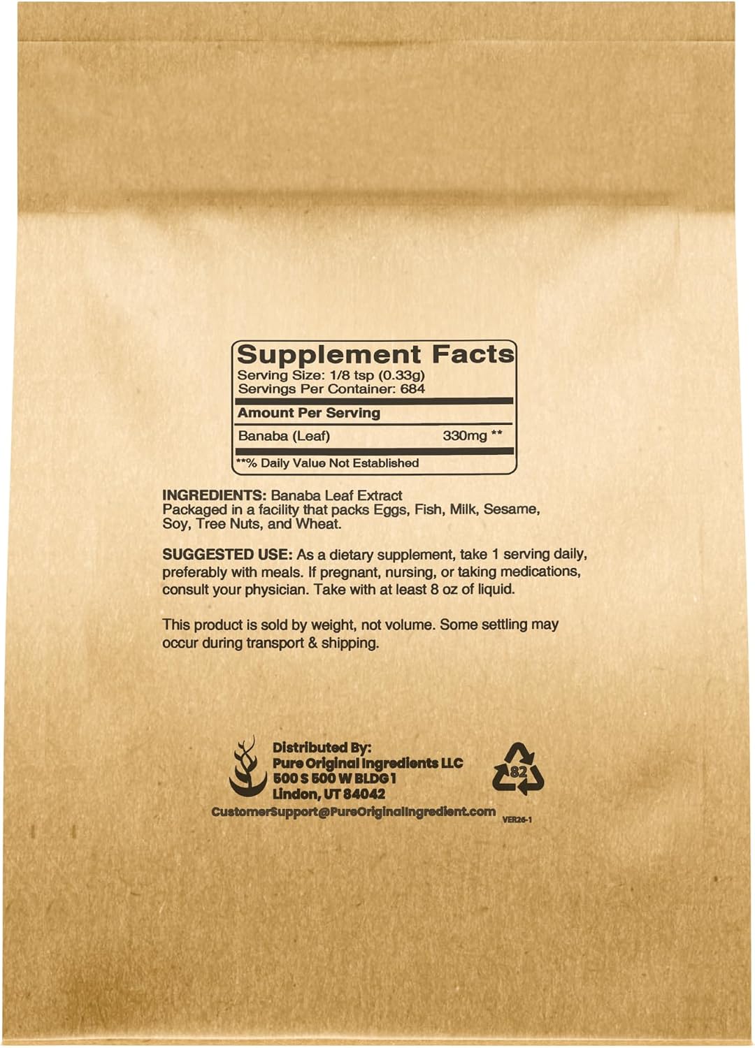 PURE ORIGINAL INGREDIENTS Banaba Leaf Powder (8 oz) - Siempre Puro, Sin Rellenos, No OGM