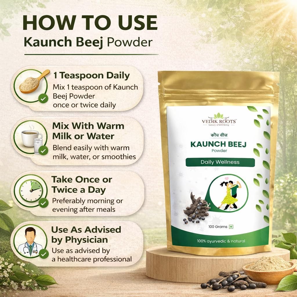 VEDIKROOTS Kaunch Beej Polvo | Polvo de Semilla de Mucuna Pruriens Puro | Hierba Ayurvédica Tradicional | 100g