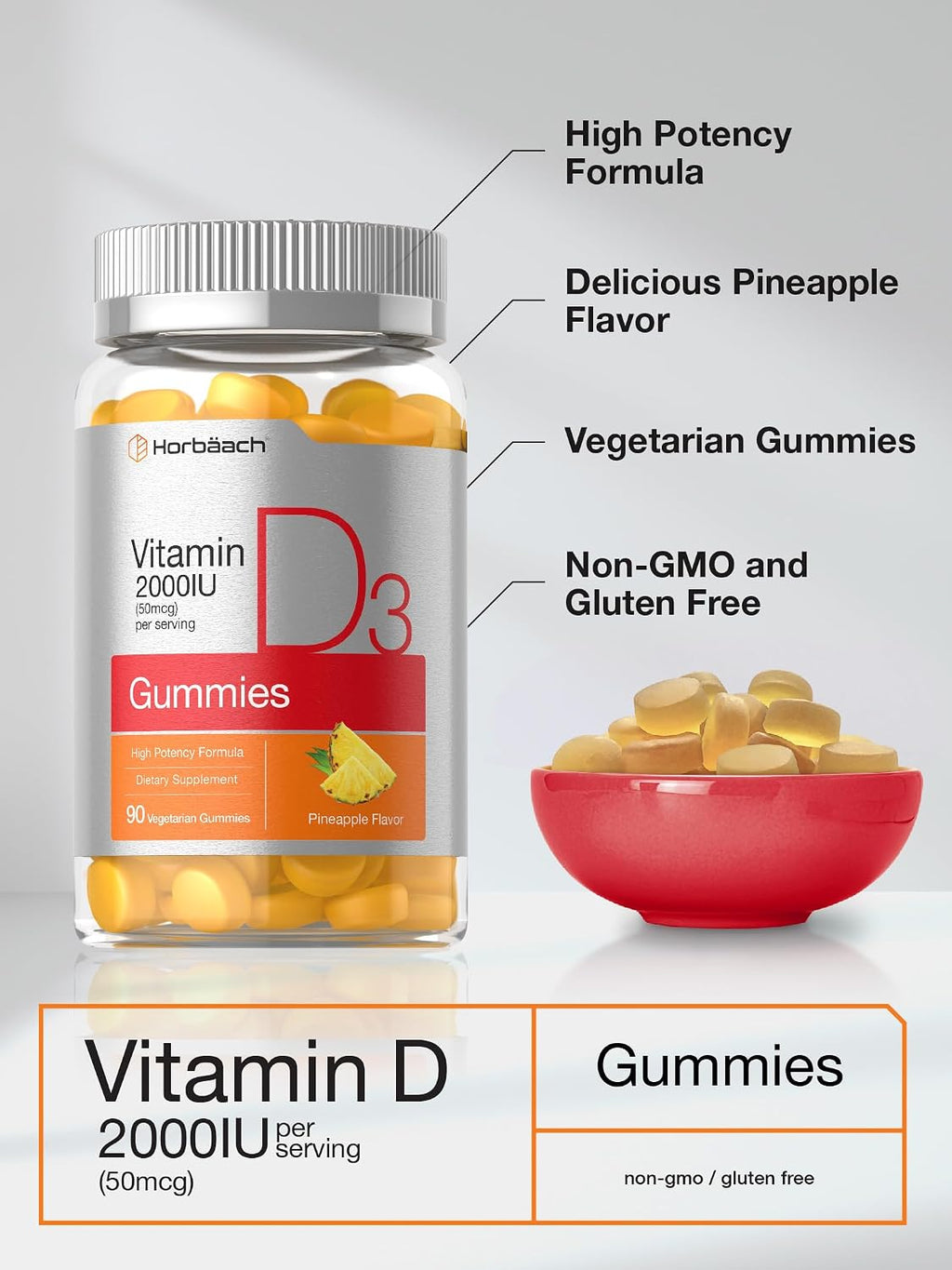 Horbäach Vitamina D3 2000 IU Gominolas | 90 uds | Vegetarianas | Sabor Piña | 50 mcg | Sin OMG, Sin Gluten