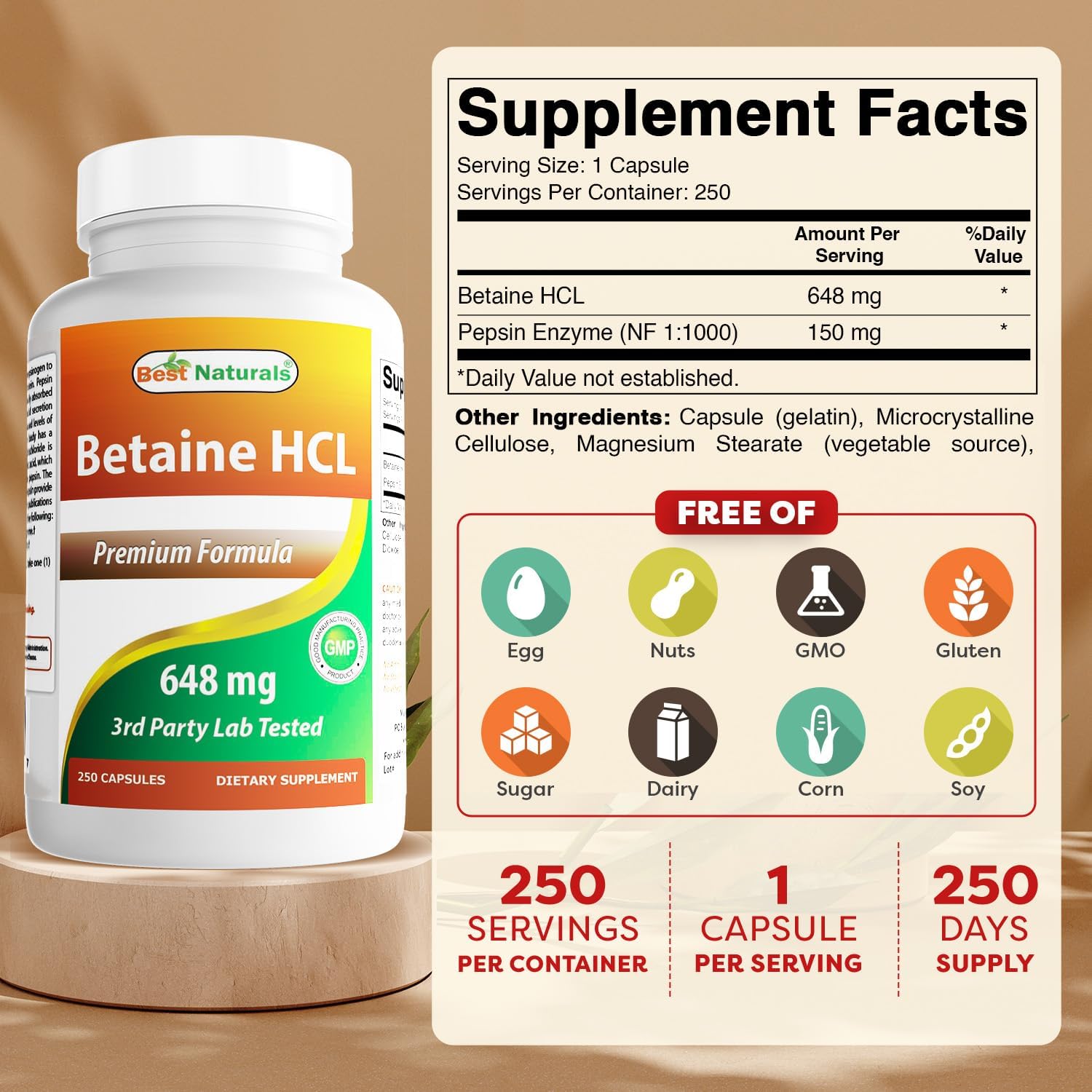 Best Naturals Betaine HCl 648 mg, 250 Cápsulas