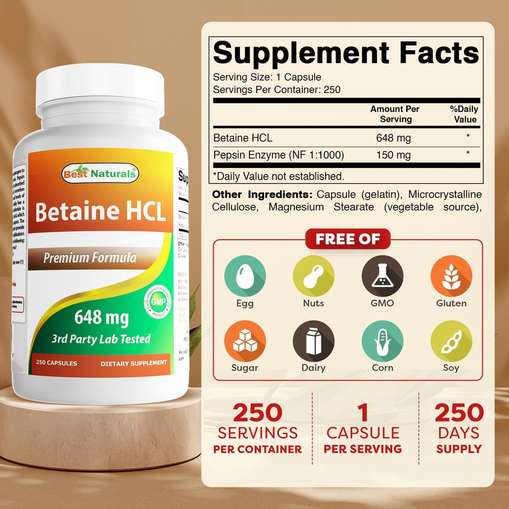 Best Naturals Betaine HCL 648 mg - 250 Cápsulas por Envase (Paquete de 2)