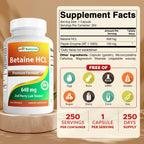 Best Naturals Betaine HCL 648 mg - 250 Cápsulas por Envase (Paquete de 2)