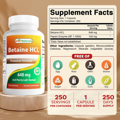 Best Naturals Betaine HCL 648 mg, 250 Cápsulas (Pack de 3) – Image 2