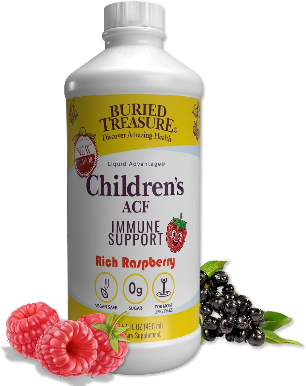 Buried Treasure ACF Infantil Líquido de Saúco, Equinácea y Botánicos – Sabor Frambuesa – 16 oz – Sin Azúcar