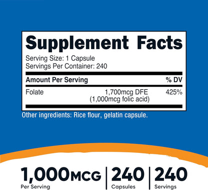 Nutricost Ácido Fólico (Vitamina B9) 1000 – El ácido fólico contribuye a la formación normal de las células – Image 2