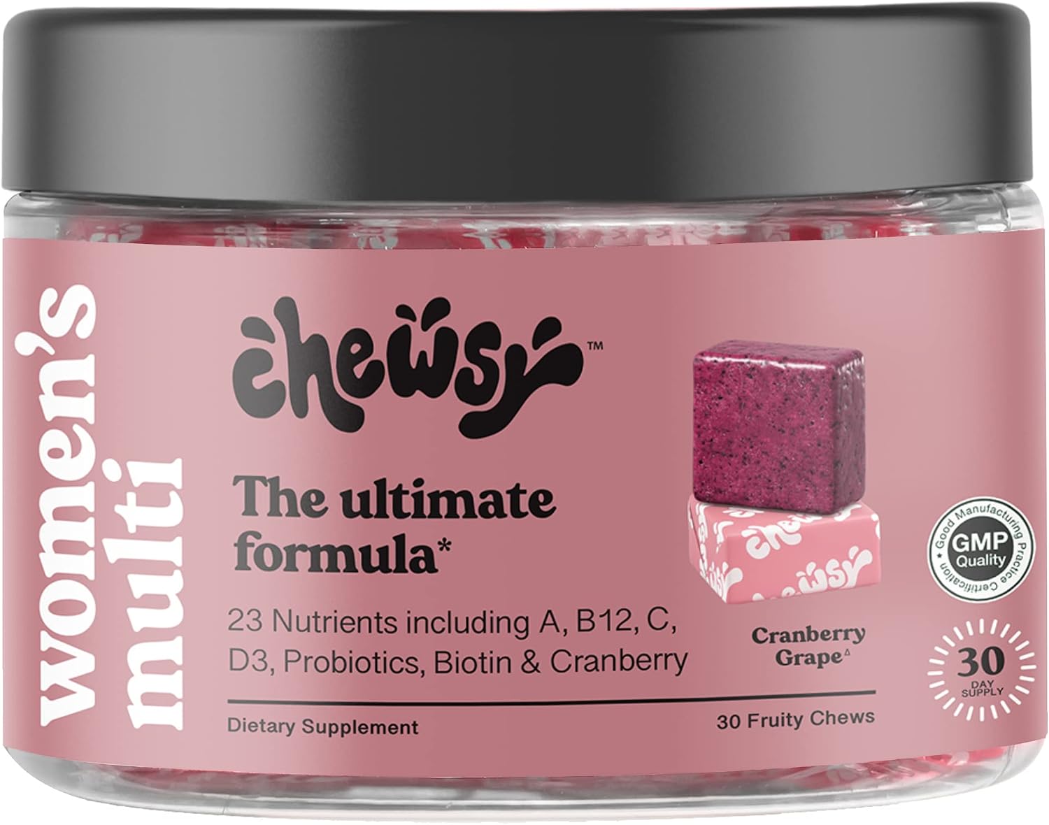 Chewsy - Multivitamínico en masticables para mujeres - Apoyo inmunitario y energía, vitaminas C, B12, A, D, E, ácido fólico, probióticos, biotina - Pack de 6 días