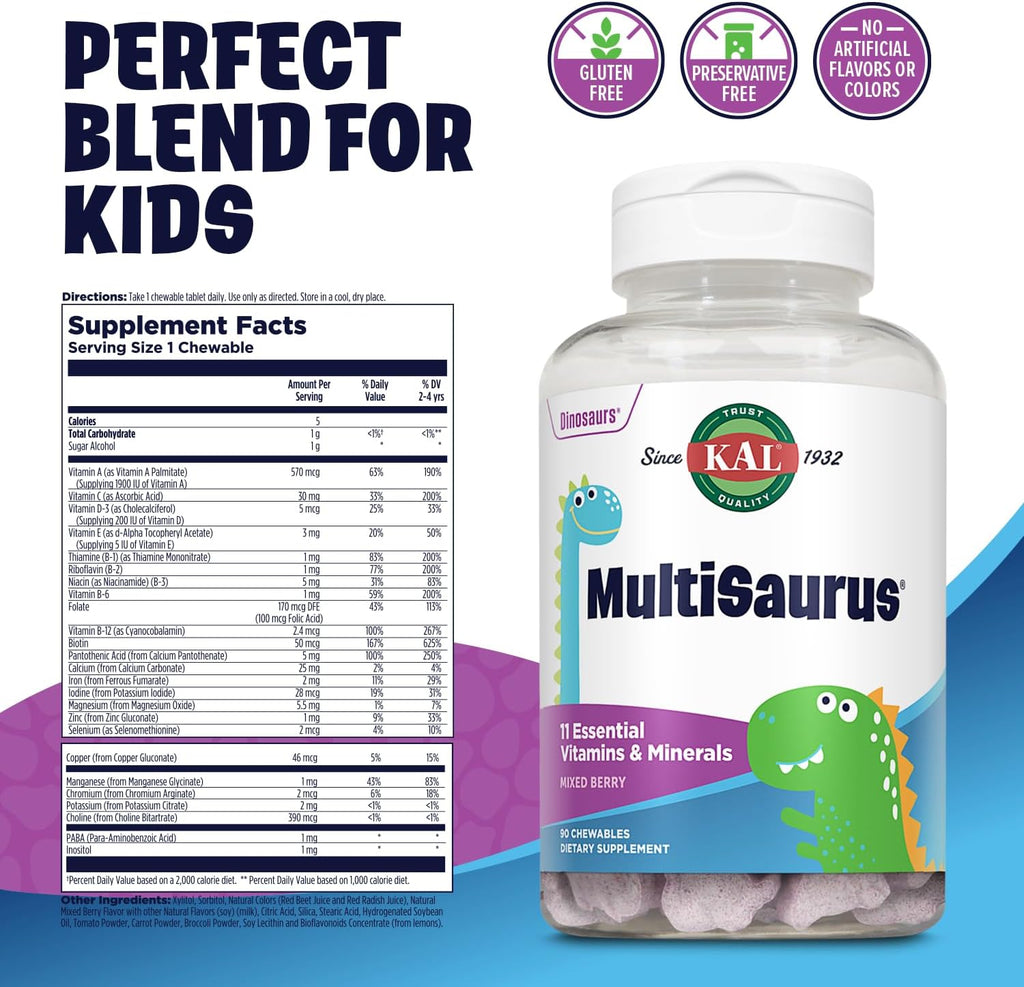 KAL MultiSaurus Multivitamínico Completo para Niños - Multivitamínico infantil con hierro, vitaminas A, C y calcio, sabor a bayas mixtas - 90 comprimidos masticables con forma de dinosaurio
