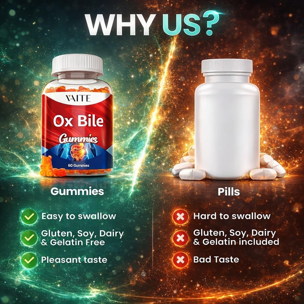 VAITE Gominolas de Bilis de Buey – 500mg Apoyo Digestivo para la Vesícula y Salud Intestinal – Sin OGM, Sin Azúcar, Sin Gluten – 60 Gomitas Masticables